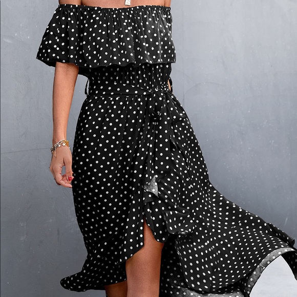Closet Clear-Out - Polka Dot Layered Off-Shoulder Belted Dress - Picture 3 of 7